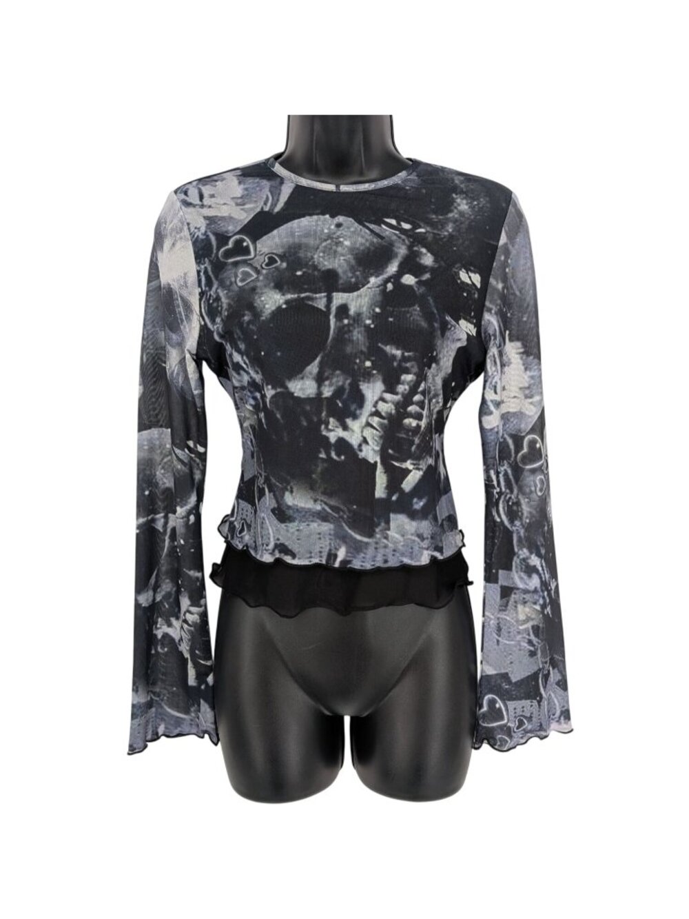 Skull Print Mesh Top Goth Fairy Grunge Y2K Bell Sleeve Emo Punk Festival Small